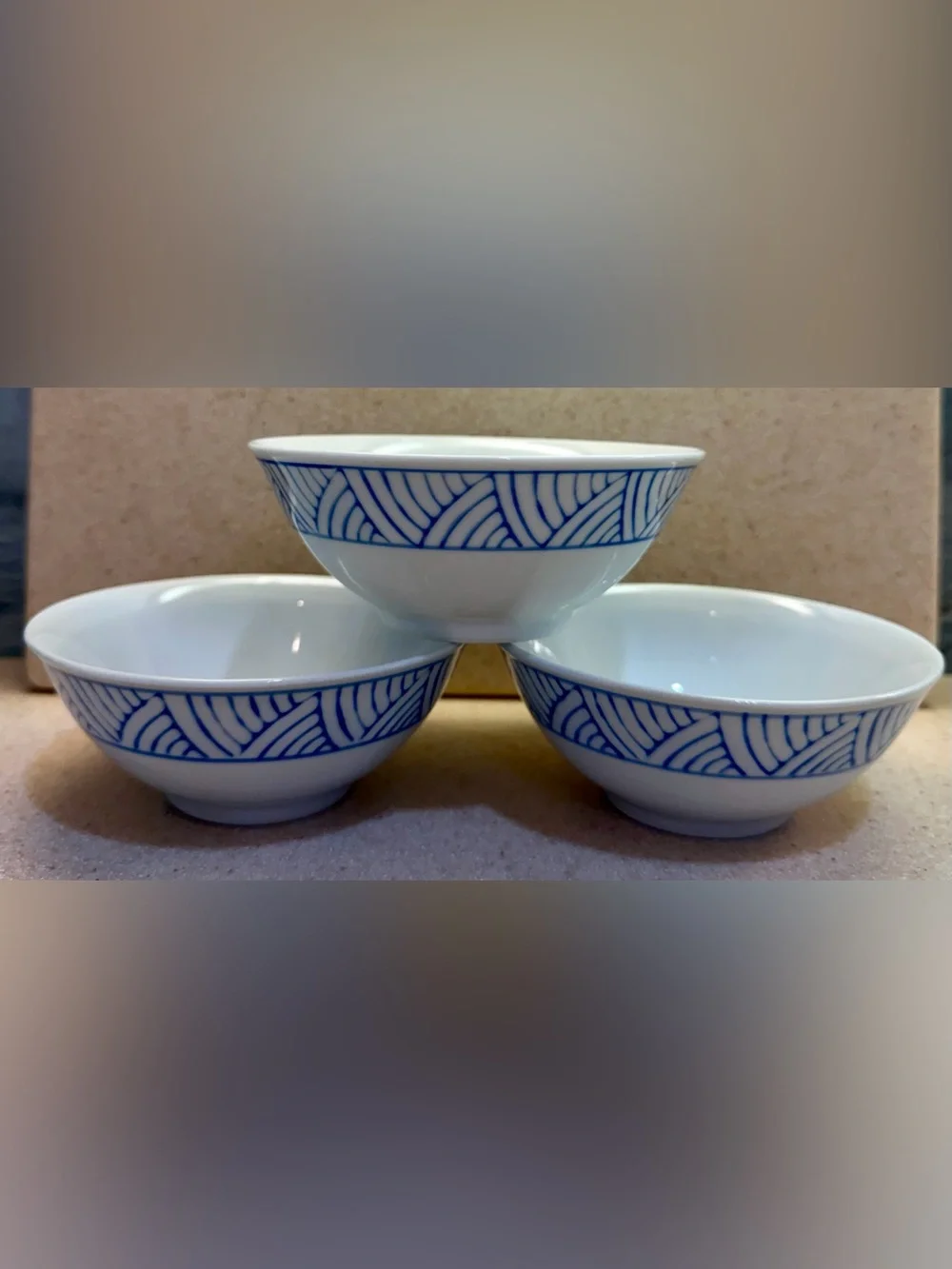 Blue Wave Geometric Pattern Porcelain Serving Rice Bowls - Set of 3 White w/Blue
